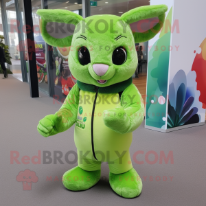 Lime Green Chinchilla mascot costume character dressed with a Jeggings and Mittens