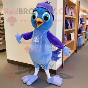 Lavender Blue Jay mascot costume character dressed with a Running Shorts and Scarf clips