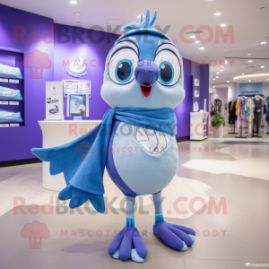 Lavender Blue Jay mascot costume character dressed with a Running Shorts and Scarf clips