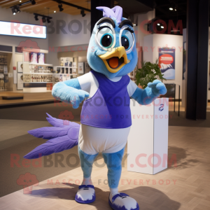 Lavender Blue Jay mascot costume character dressed with a Running Shorts and Scarf clips