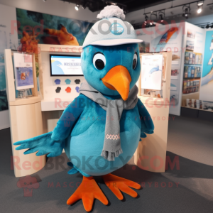 Turquoise Passenger Pigeon mascot costume character dressed with a Sweater and Beanies