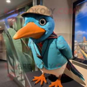 Turquoise Passenger Pigeon mascot costume character dressed with a Sweater and Beanies