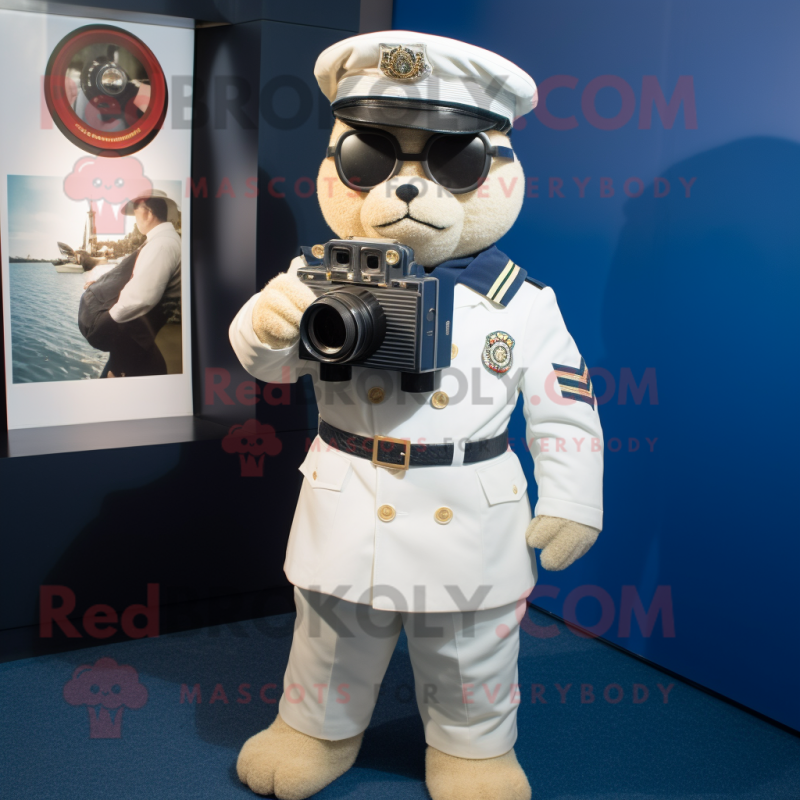 Navy Camera mascot costume character dressed with a Chinos and Eyeglasses