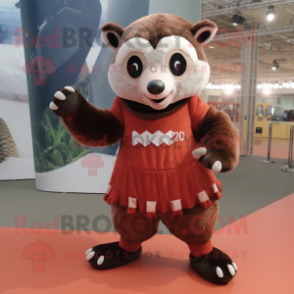 Rust Badger mascot costume character dressed with a Mini Skirt and Foot pads