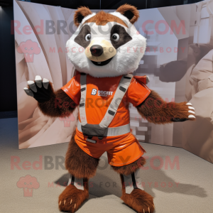 Rust Badger mascot costume character dressed with a Mini Skirt and Foot pads