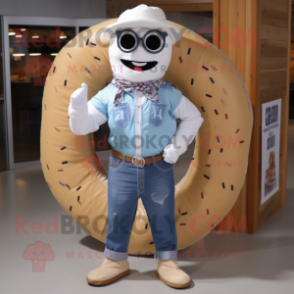 White Donut mascot costume character dressed with a Chambray Shirt and Belts