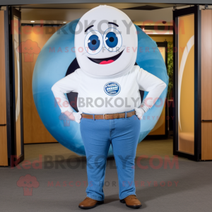 White Donut mascot costume character dressed with a Chambray Shirt and Belts