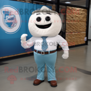 White Donut mascot costume character dressed with a Chambray Shirt and Belts