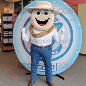 White Donut mascot costume character dressed with a Chambray Shirt and Belts