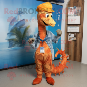 Rust Sea Horse mascot costume character dressed with a Jeans and Necklaces