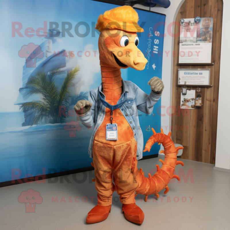 Rust Sea Horse mascot costume character dressed with a Jeans and Necklaces Rust Sea Horse mascot costume character dressed with a Jeans and Necklaces