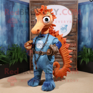 Rust Sea Horse mascot costume character dressed with a Jeans and Necklaces