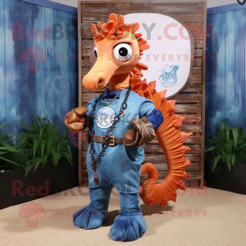 Rust Sea Horse mascot costume character dressed with a Jeans and Necklaces Rust Sea Horse mascot costume character dressed with a Jeans and Necklaces