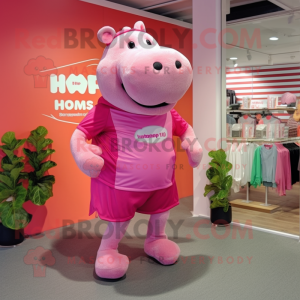 Pink Hippopotamus mascot costume character dressed with a Running Shorts and Cummerbunds