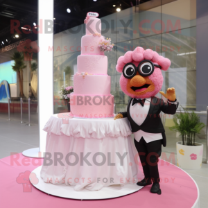 Pink Wedding Cake mascot costume character dressed with a Dress and Eyeglasses