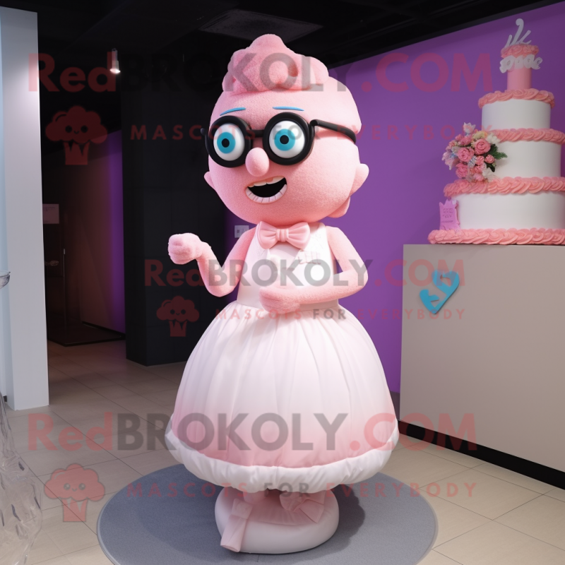 Pink Wedding Cake mascot costume character dressed with a Dress and Eyeglasses Pink Wedding Cake mascot costume character dressed with a Dress and Eyeglasses