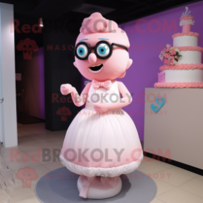 Pink Wedding Cake mascot costume character dressed with a Dress and Eyeglasses