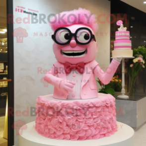 Pink Wedding Cake mascot costume character dressed with a Dress and Eyeglasses