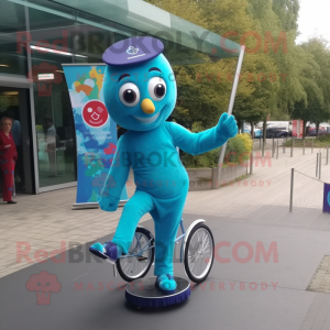 Turquoise Unicyclist mascot costume character dressed with a Trousers and Clutch bags