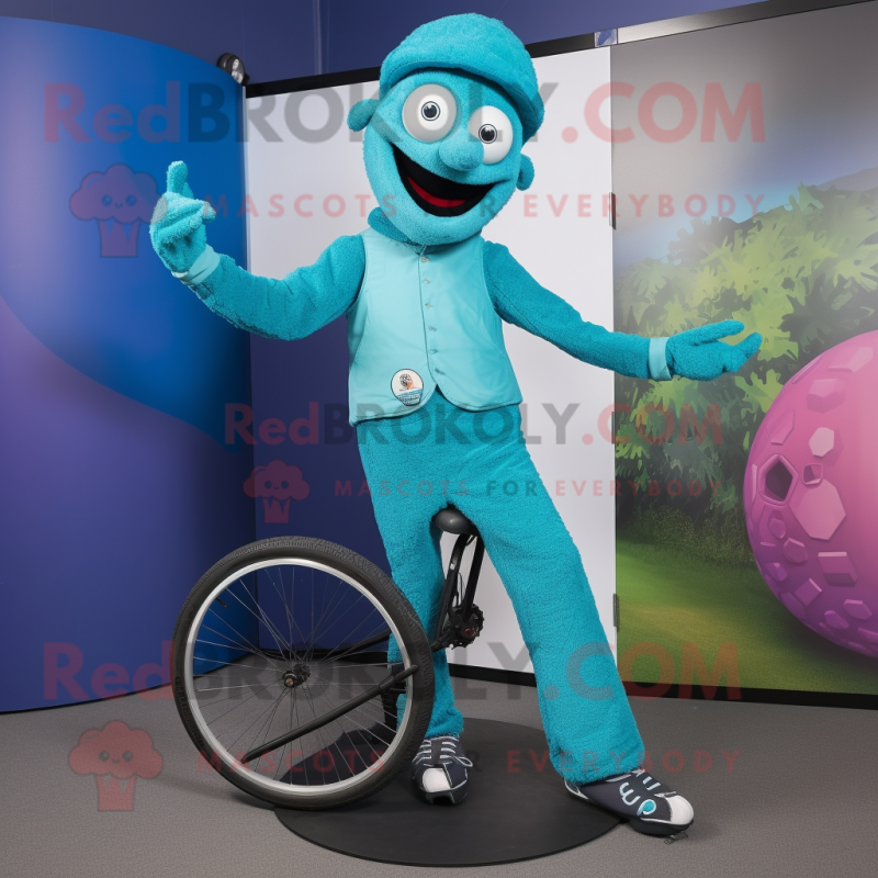 Turquoise Unicyclist mascot costume character dressed with a Trousers and Clutch bags