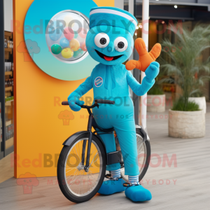 Turquoise Unicyclist mascot costume character dressed with a Trousers and Clutch bags