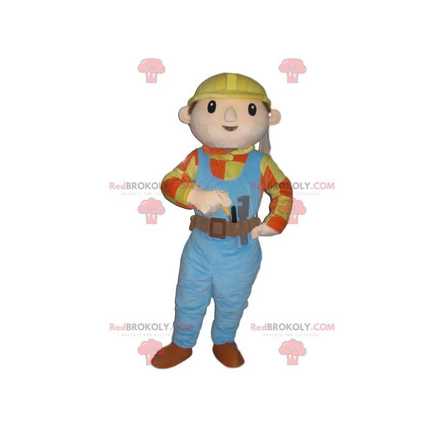 Mascota de manitas con un mono azul y un casco amarillo -