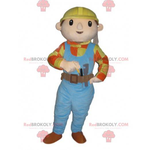 Handwerker-Maskottchen mit blauem Overall und gelbem Helm -