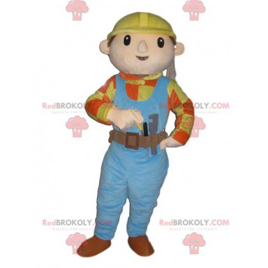 Mascotte tuttofare con tuta blu e un casco giallo -