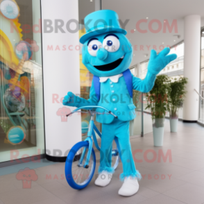 Turquoise Unicyclist mascot costume character dressed with a Trousers and Clutch bags