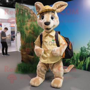 Beige Kangaroo mascot costume character dressed with a Chinos and Backpacks