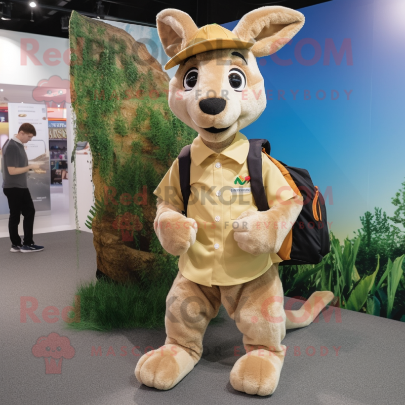 Beige Kangaroo mascot costume character dressed with a Chinos and Backpacks