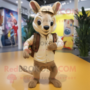 Beige Kangaroo mascot costume character dressed with a Chinos and Backpacks