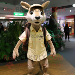 Beige Kangaroo mascot costume character dressed with a Chinos and Backpacks