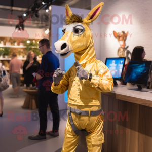 Gold Donkey mascot costume character dressed with a Skinny Jeans and Smartwatches