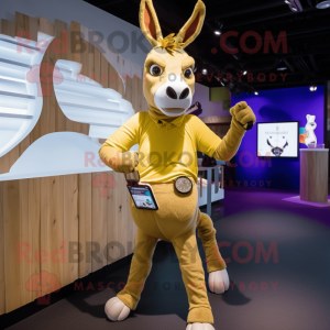 Gold Donkey mascot costume character dressed with a Skinny Jeans and Smartwatches