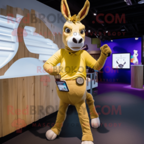 Gold Donkey mascot costume character dressed with a Skinny Jeans and Smartwatches