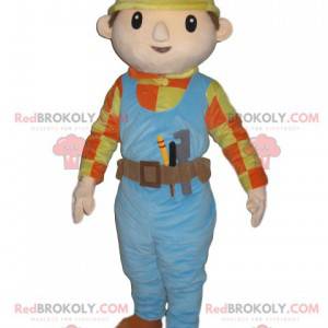 Handwerker-Maskottchen mit blauem Overall und gelbem Helm -