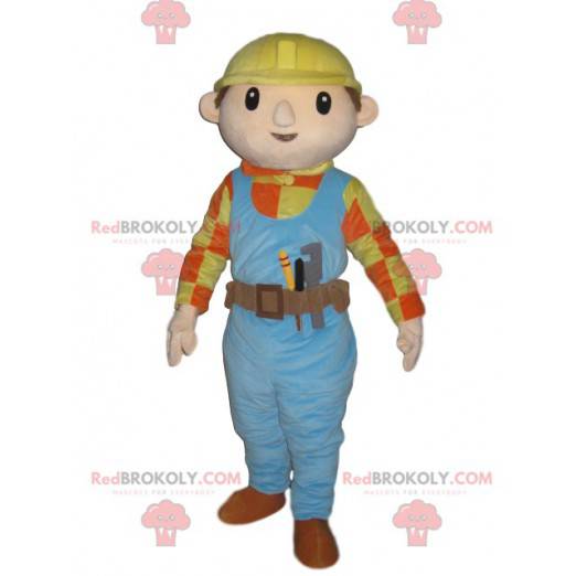 Handyman mascot with blue overalls and a yellow helmet -