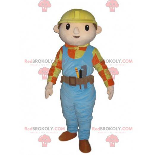 Mascotte tuttofare con tuta blu e un casco giallo -