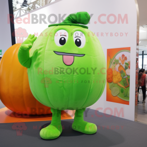 Lime Green Pumpkin mascot costume character dressed with a Tank Top and Shawls