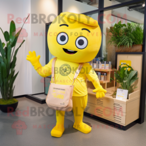Yellow Pho mascot costume character dressed with a Graphic Tee and Tote bags
