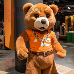 Orange Bear mascot costume character dressed with a Cargo Pants and Necklaces