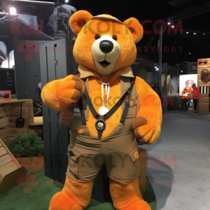 Orange Bear mascot costume character dressed with a Cargo Pants and Necklaces