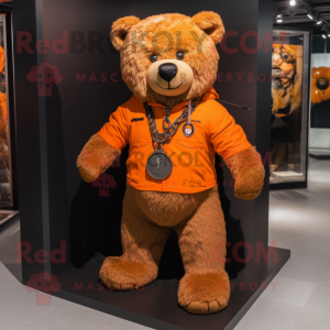 Orange Bear mascot costume character dressed with a Cargo Pants and Necklaces