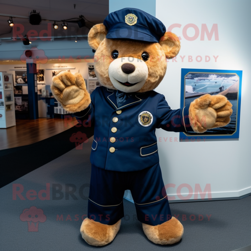 Navy Teddy Bear mascot costume character dressed with a Capri Pants and Gloves