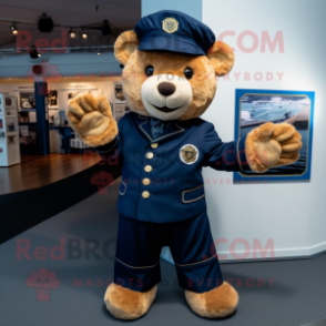 Navy Teddy Bear mascot costume character dressed with a Capri Pants and Gloves