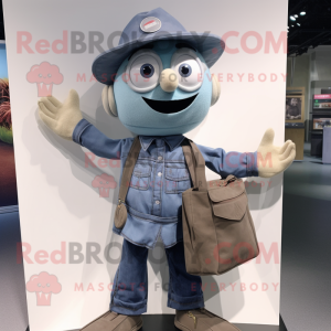 Gray Gyro mascot costume character dressed with a Denim Shirt and Tote bags