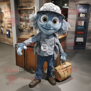 Gray Gyro mascot costume character dressed with a Denim Shirt and Tote bags