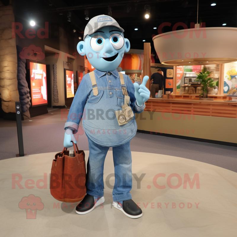 Gray Gyro mascot costume character dressed with a Denim Shirt and Tote bags Gray Gyro mascot costume character dressed with a Denim Shirt and Tote bags