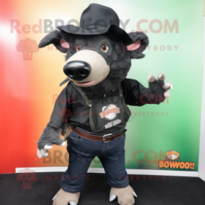 Black Wild Boar mascot costume character dressed with a Bootcut Jeans and Hats